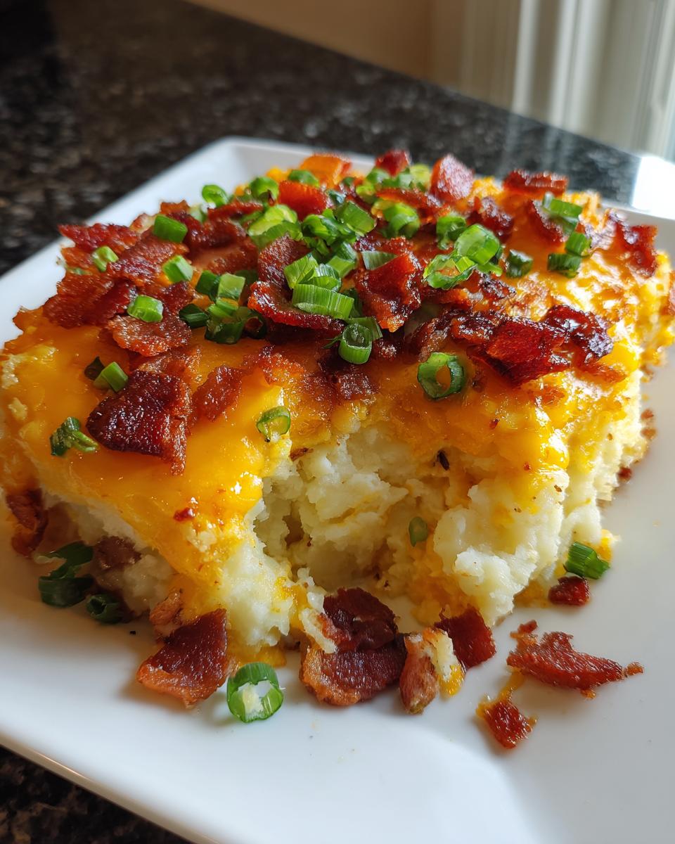 A serving of creamy potato casserole topped with melted cheddar cheese, crispy bacon, and green onions.