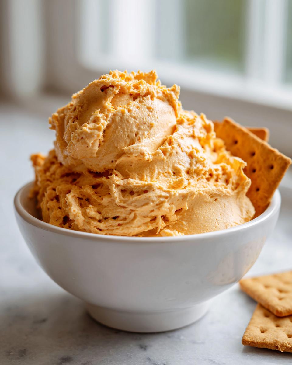 A white bowl overflowing with light orange, fluffy pumpkin fluff dip, served with graham crackers.