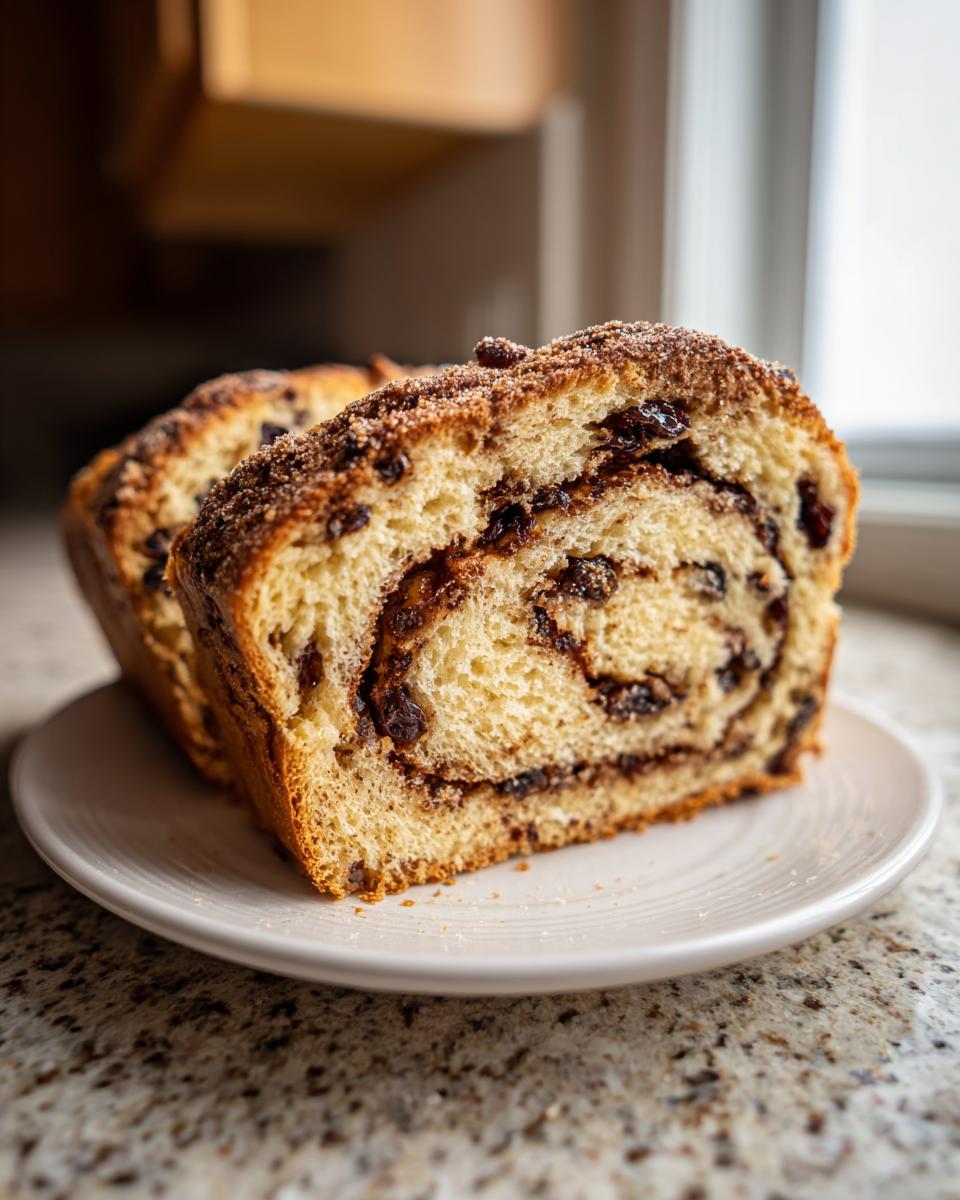 Close-up of two thick slices of homemade raisin bread showing a rich cinnamon swirl and topping.