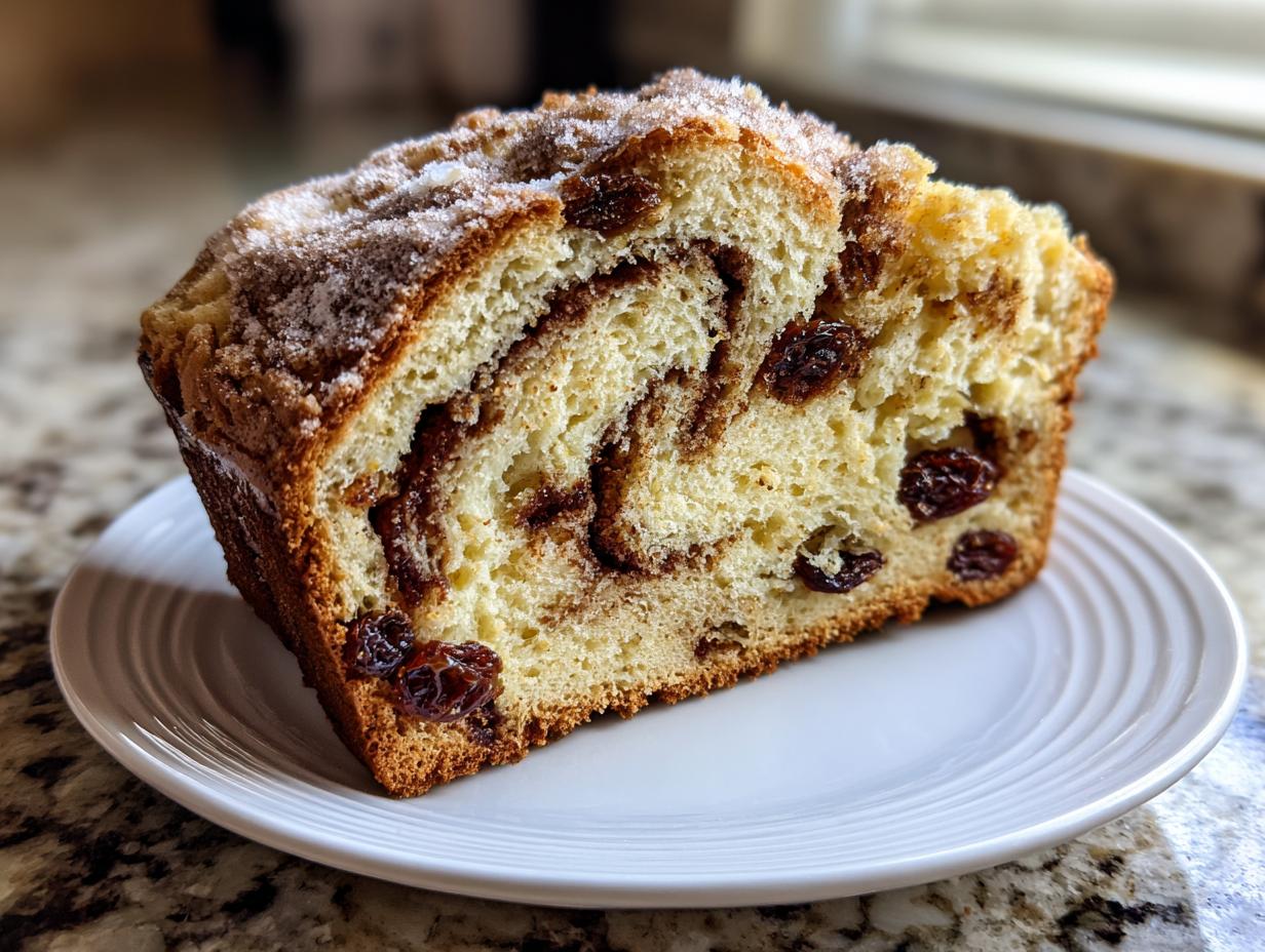 A thick slice of homemade raisin bread featuring a visible cinnamon swirl and topped with sugar, served on a white plate.