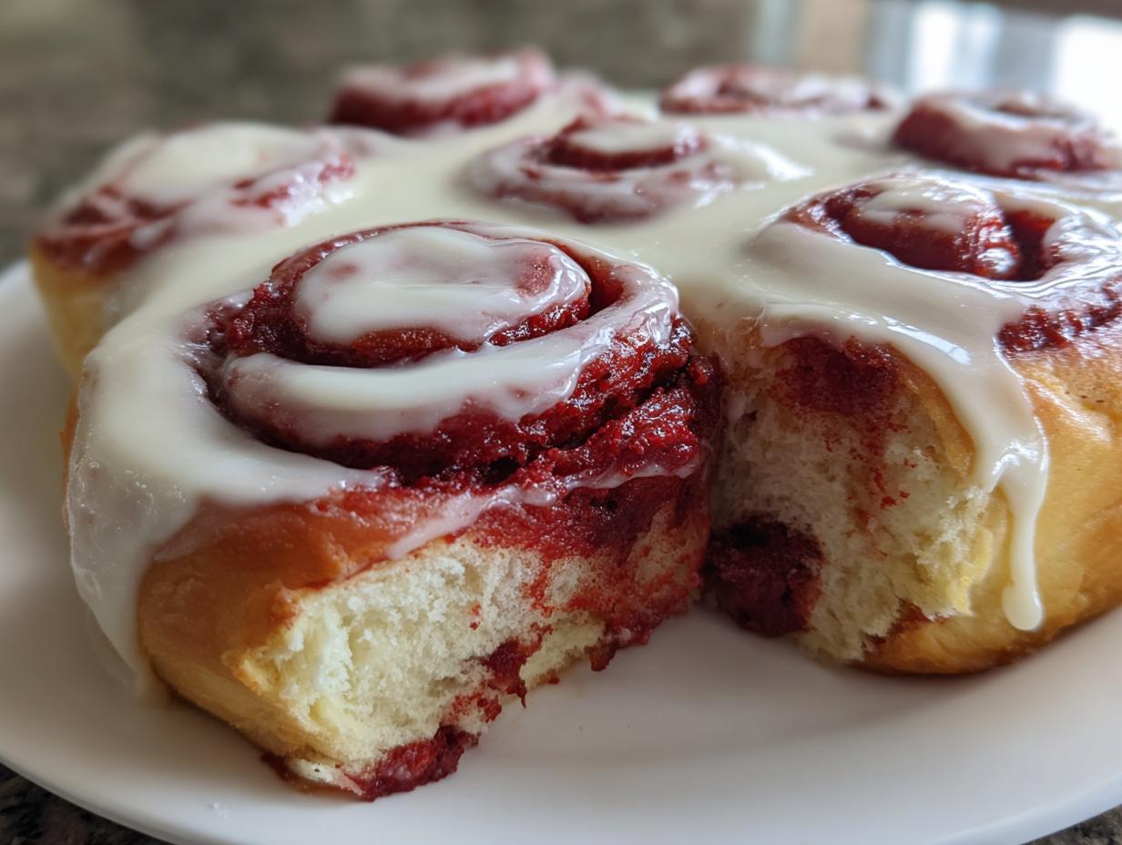 A close-up of several moist red velvet cinnamon rolls covered in thick white cream cheese icing.