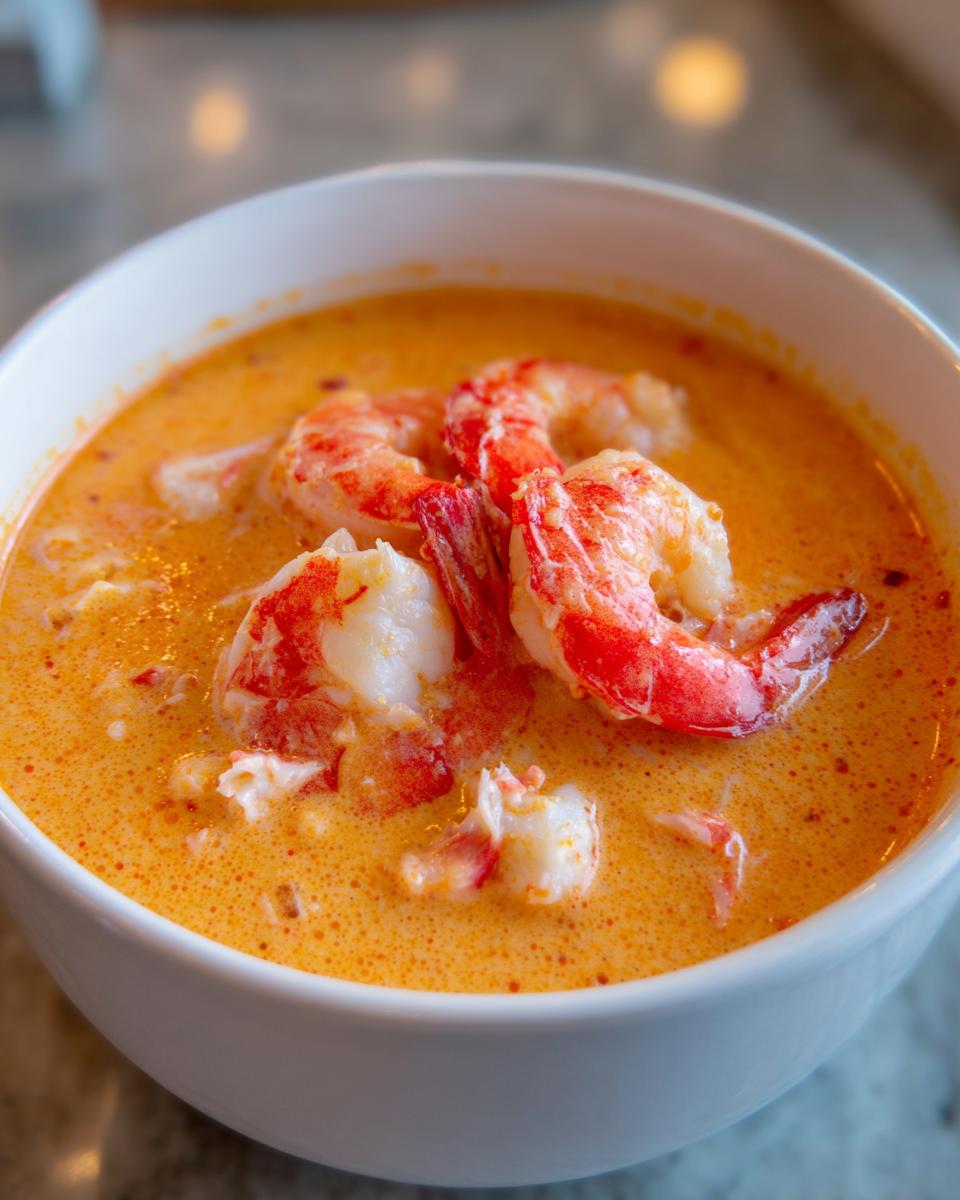 A close-up view of a white bowl filled with rich, orange-colored seafood soup topped with bright red cooked shrimp.