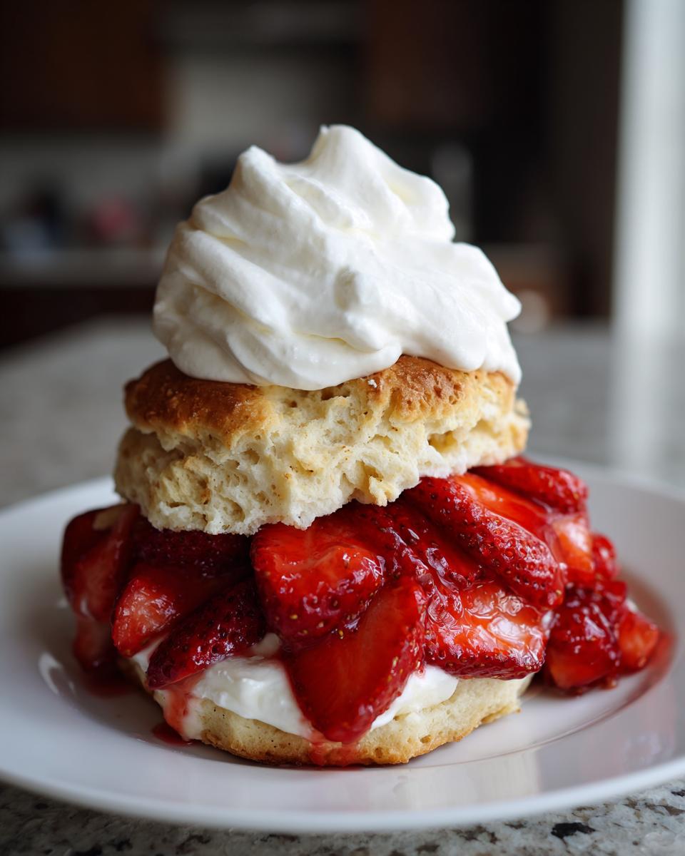 A tall, delicious strawberry shortcake featuring a split biscuit filled with macerated strawberries and cream, topped with a large dollop of whipped cream.