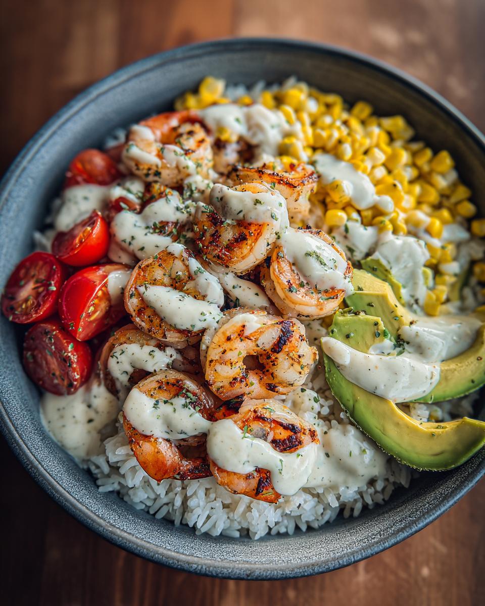 Close-up of a delicious shrimp bowl featuring grilled shrimp over rice, topped with creamy sauce, avocado, corn, and cherry tomatoes.