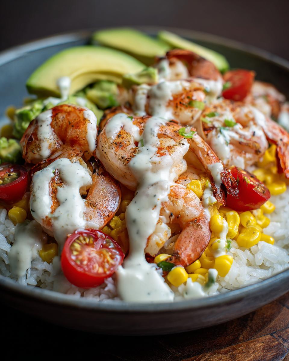 Close-up of a vibrant shrimp bowl featuring grilled shrimp, corn, cherry tomatoes, avocado slices, and a creamy white sauce drizzled over the top.