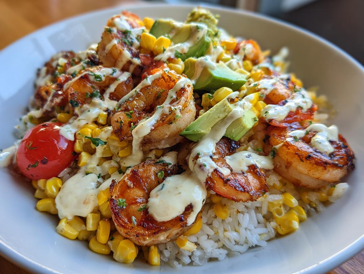 A close-up, vibrant photo of a delicious shrimp bowl featuring grilled shrimp, corn, avocado slices, and a creamy white sauce over rice.