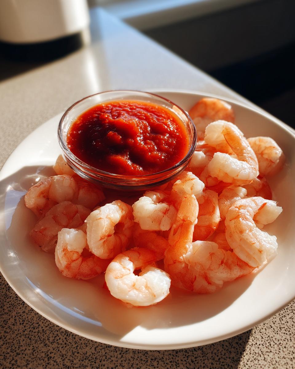 A plate of chilled, peeled shrimp surrounding a small glass bowl of bright red shrimp cocktail sauce.