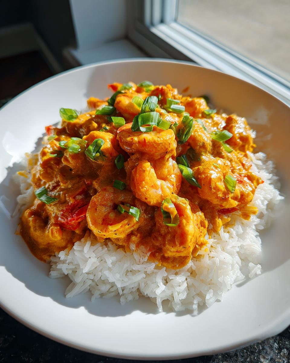 A bowl of rich, orange-colored shrimp etouffee served over white rice and garnished with green onions.