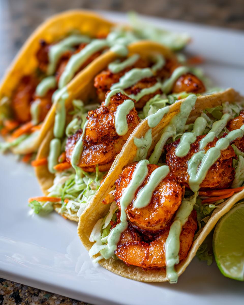 Three delicious shrimp taco shells filled with seasoned shrimp, shredded cabbage, and drizzled with green cilantro-lime sauce.