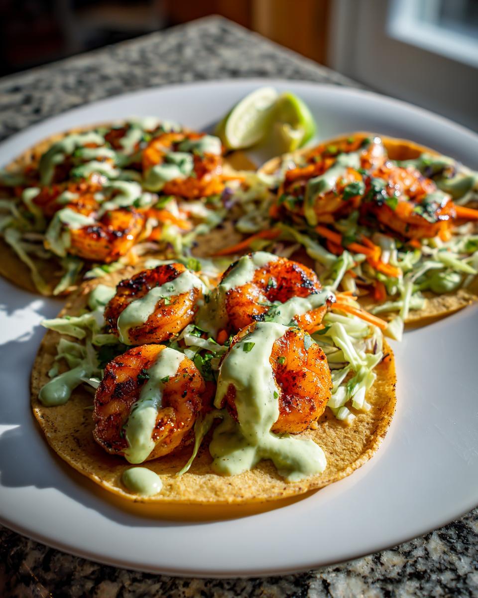 Three delicious shrimp taco servings topped with grilled shrimp, slaw, and a creamy green sauce, ready to eat.