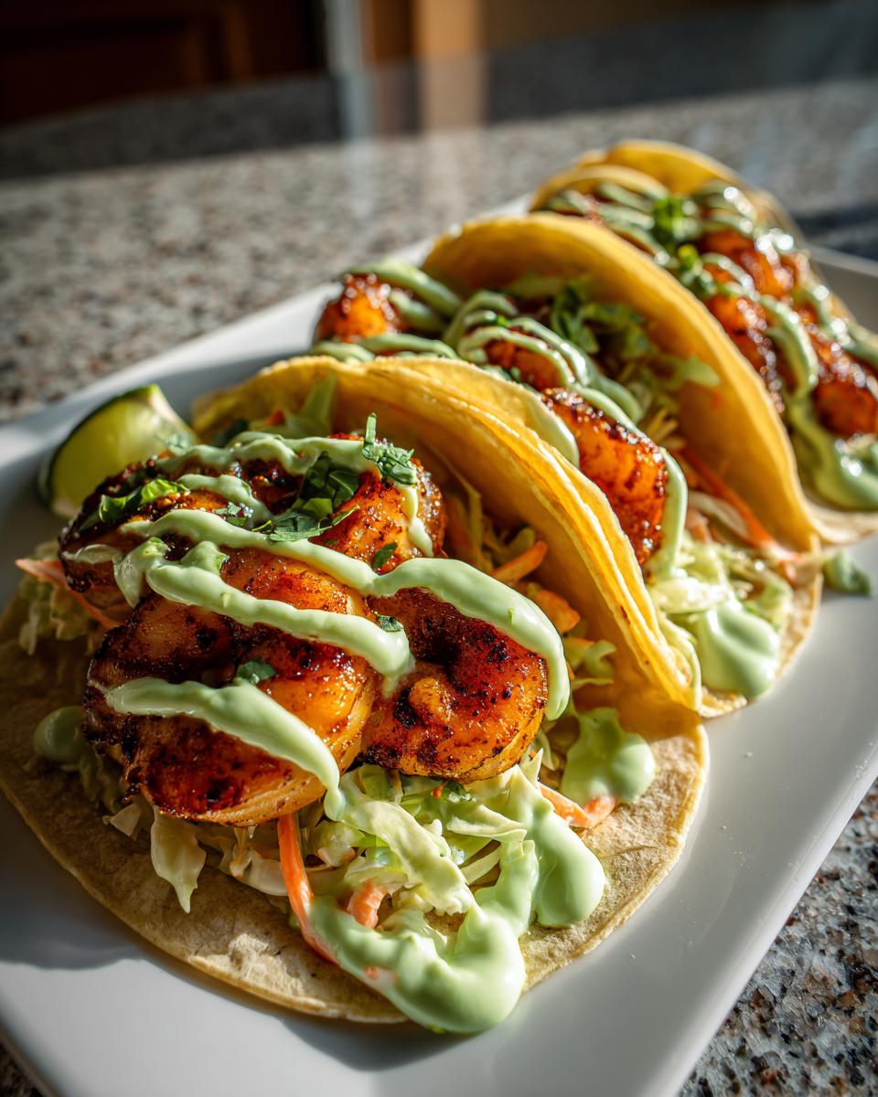 Close-up of three delicious shrimp taco shells filled with seasoned shrimp, slaw, and drizzled generously with a creamy green sauce.
