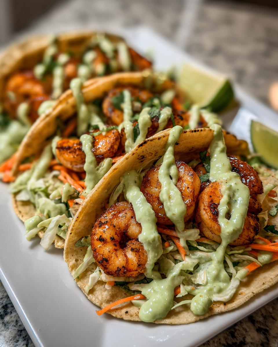 Close-up of three delicious shrimp taco shells filled with seasoned shrimp, slaw, and drizzled generously with avocado crema.