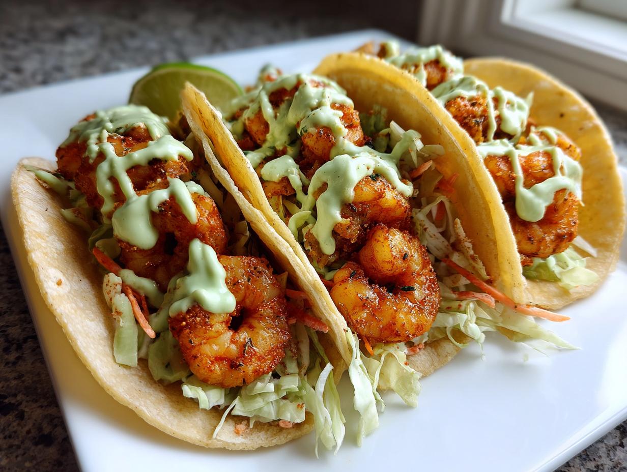 Three delicious shrimp taco shells filled with seasoned shrimp, slaw, and drizzled with a creamy green sauce.
