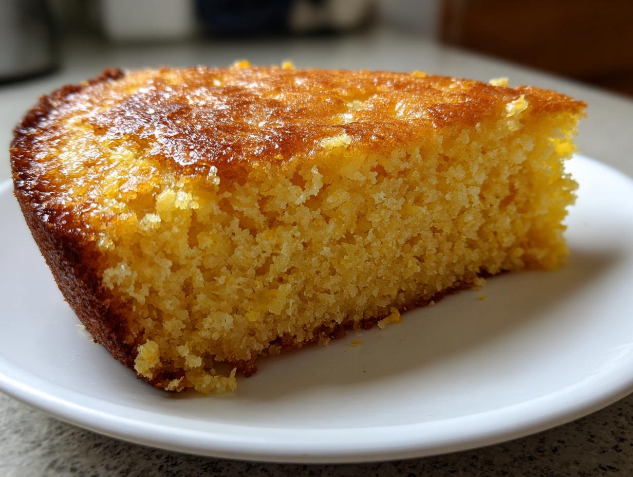 Close-up of a moist, golden slice of skillet cornbread showing its crumb texture and caramelized crust.