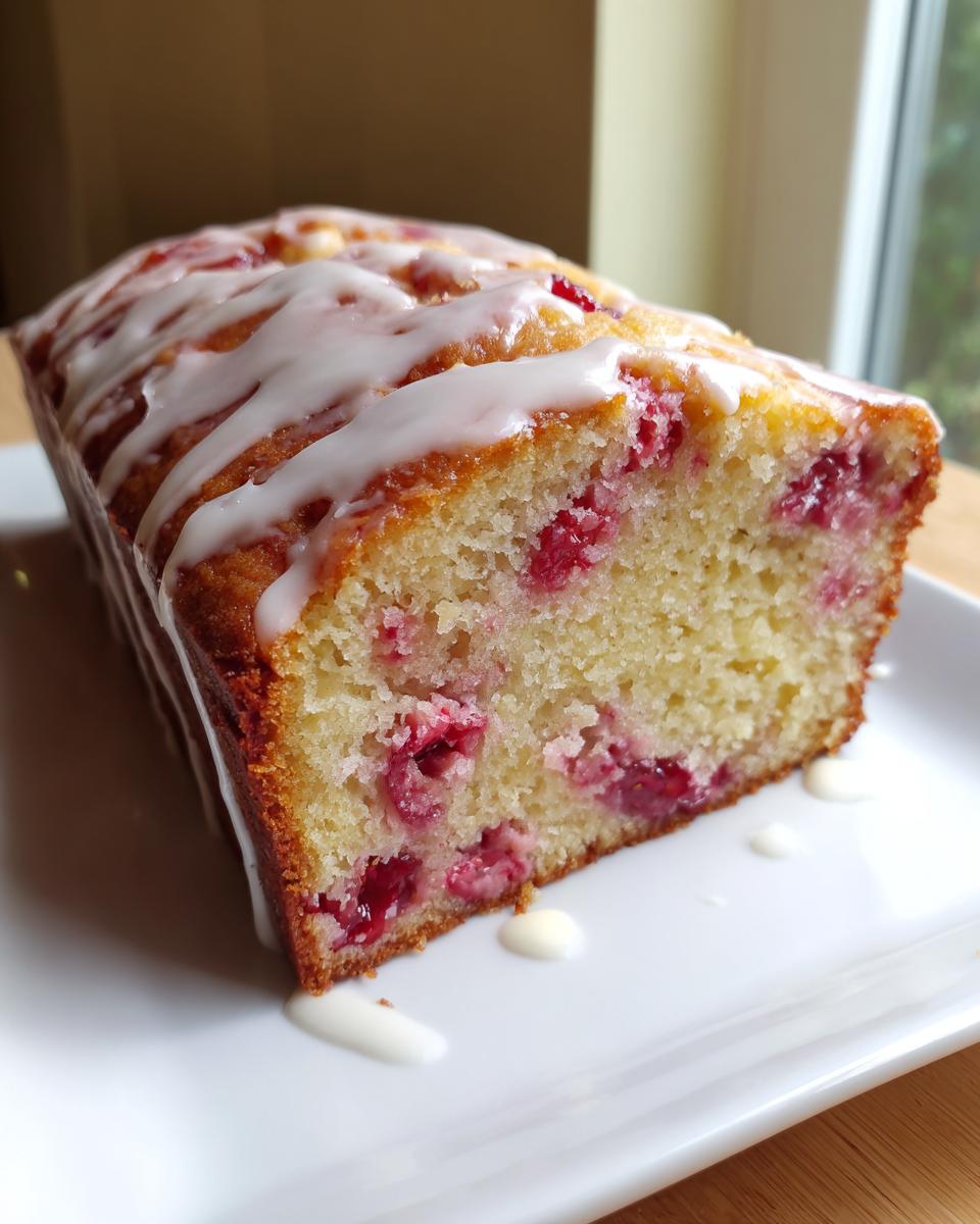 A loaf of moist strawberry bread, sliced to show bright red berries baked inside, topped with white glaze.