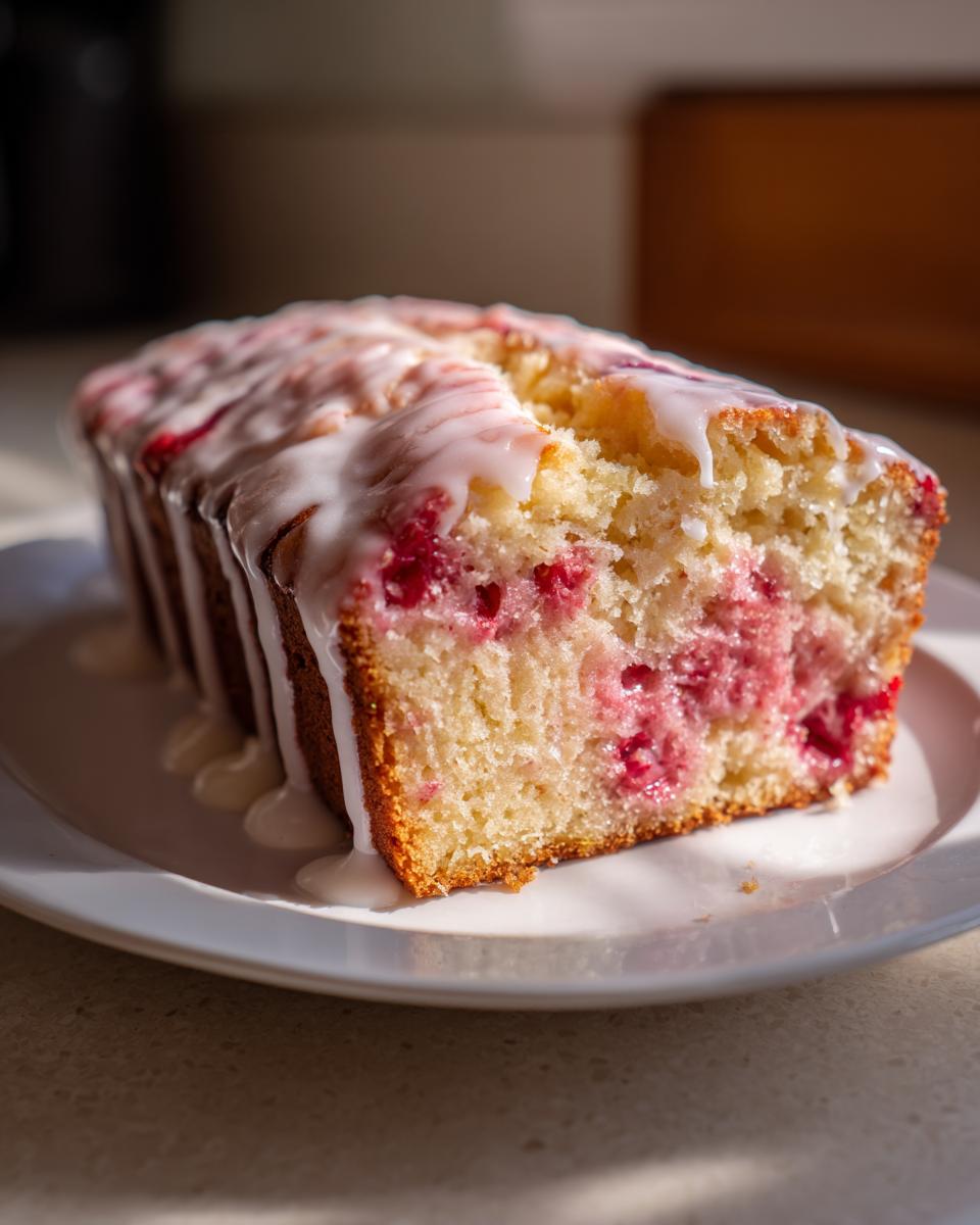 Close-up of a thick slice of moist strawberry bread topped with white vanilla glaze.
