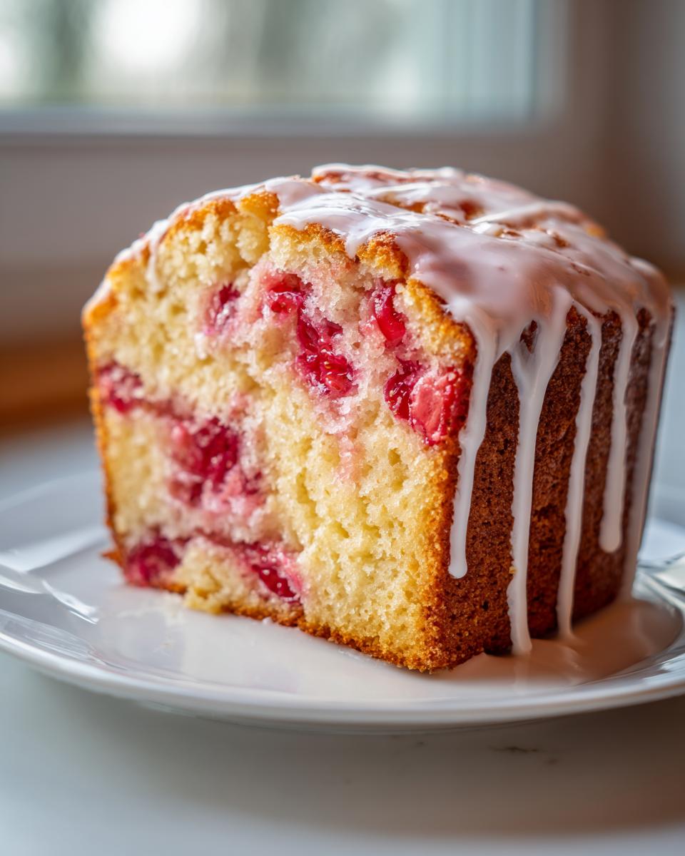 Close-up of a moist slice of strawberry bread, studded with red fruit and topped with dripping white glaze.
