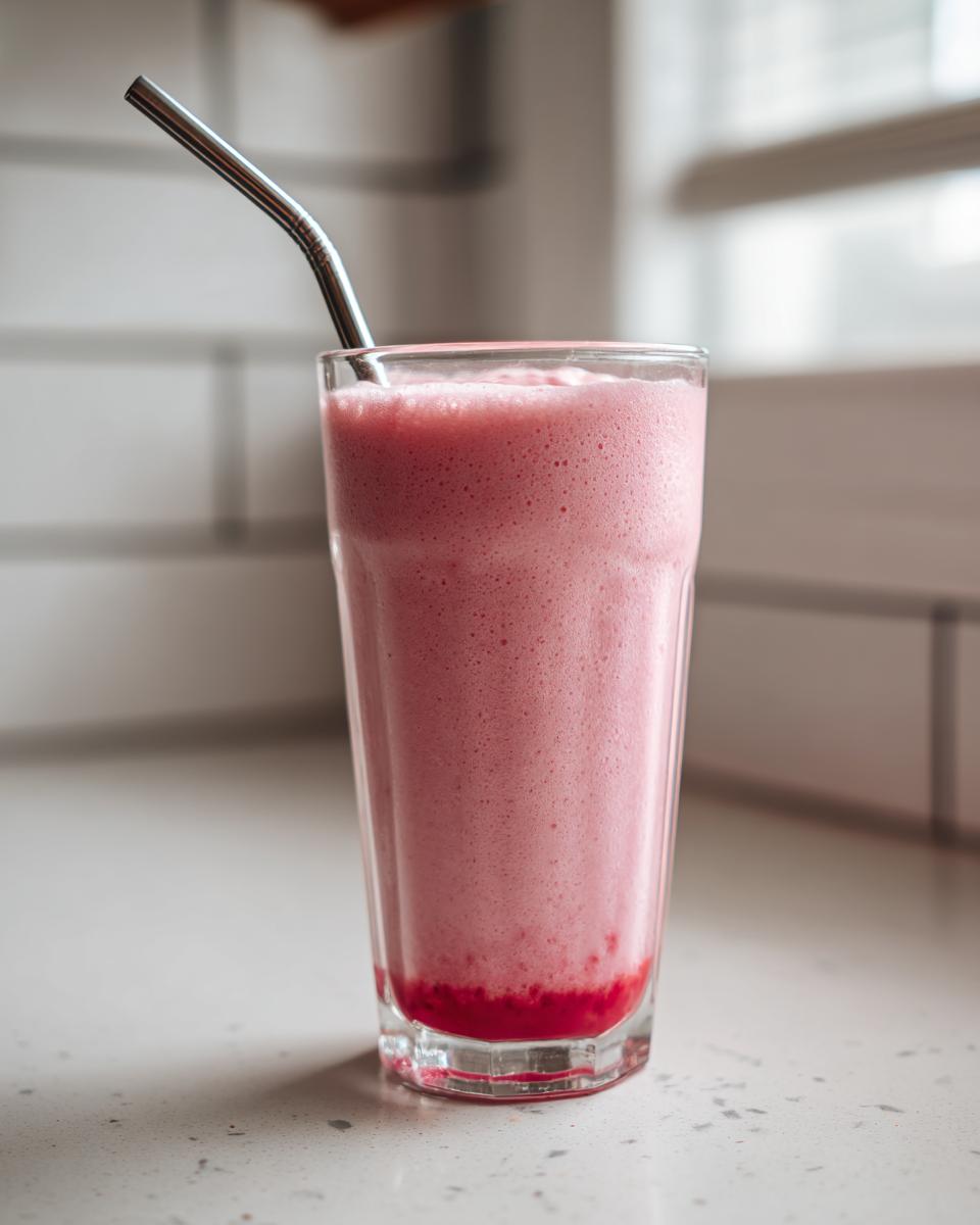 A tall glass filled with frothy pink homemade strawberry milk and a metal straw, sitting on a light countertop.