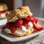 A close-up of a fluffy biscuit split and filled with whipped cream and macerated strawberries for a perfect shortcake.