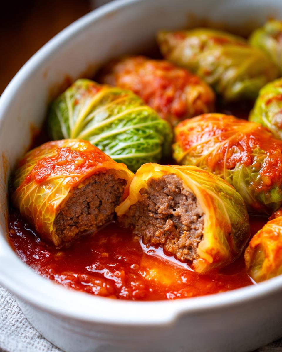 Close-up of Stuffed Cabbage Rolls in a white dish, one roll cut open showing the savory meat filling.