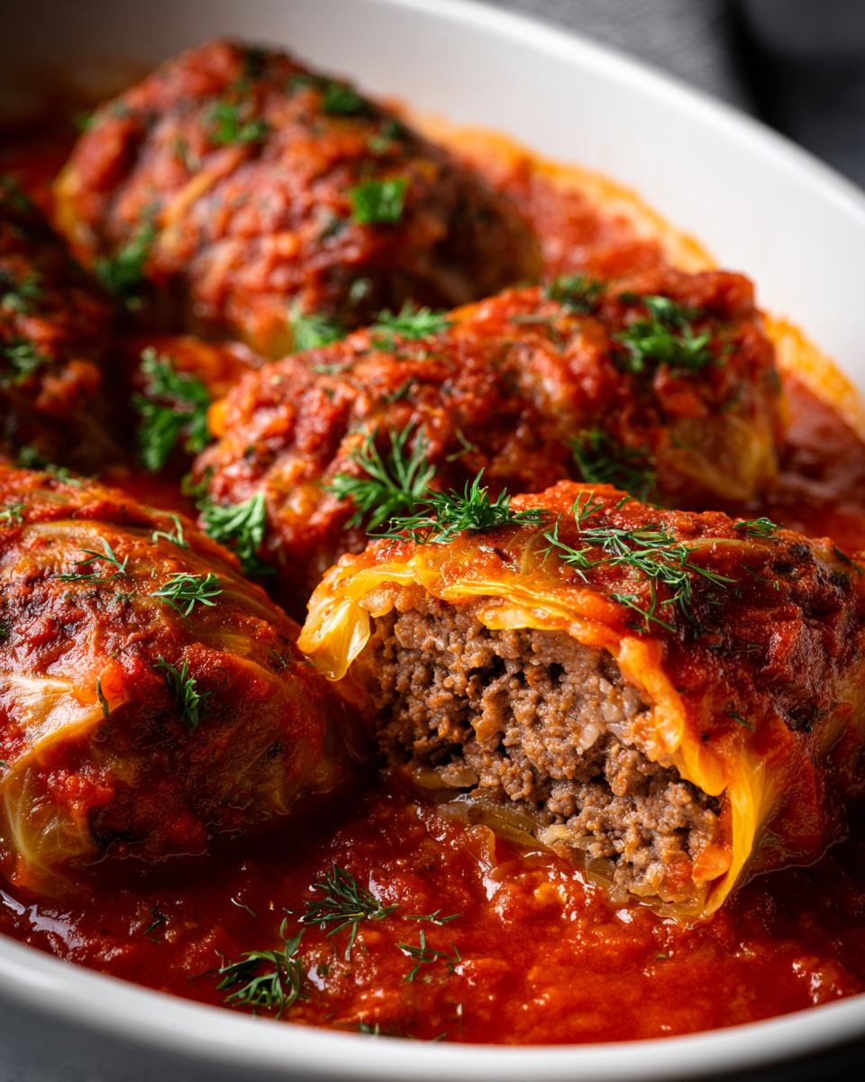 Close-up of tender Stuffed Cabbage Rolls smothered in rich tomato sauce and garnished with fresh dill.
