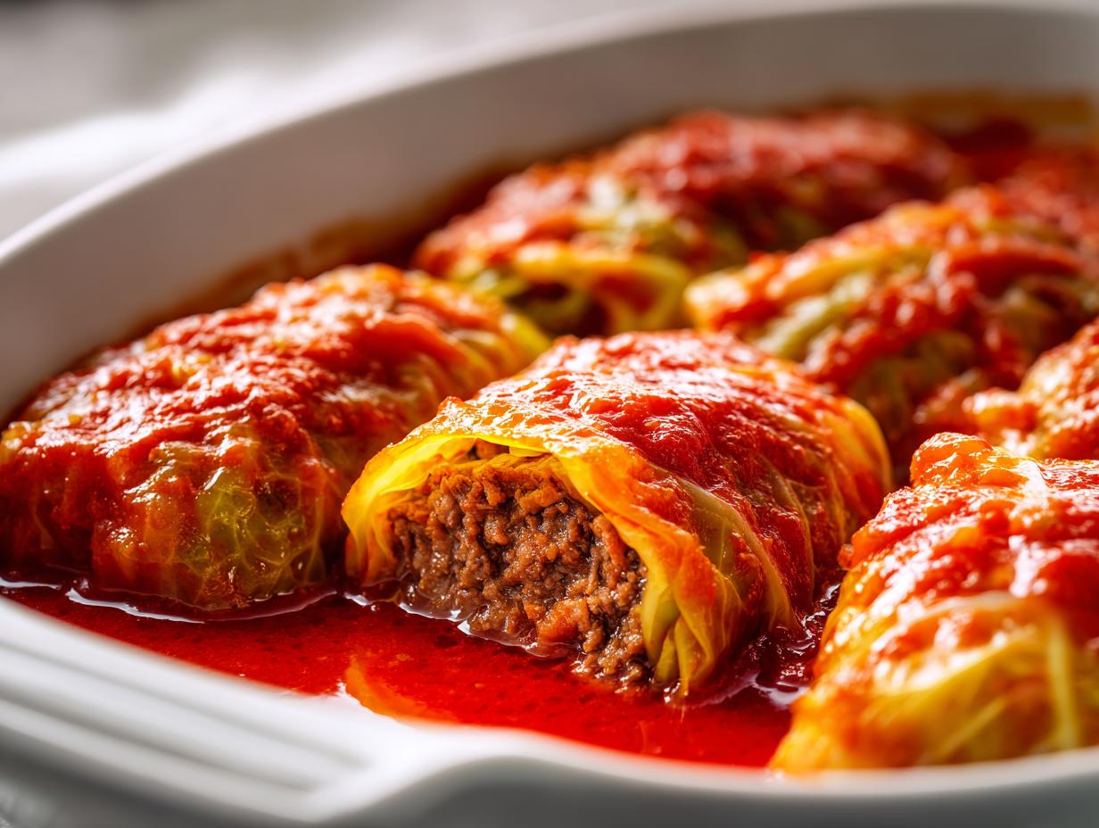 Close-up of tender Stuffed Cabbage Rolls simmering in a rich, bright red tomato sauce in a white baking dish.