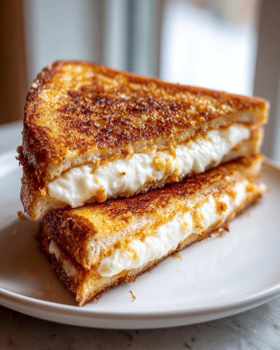 Two halves of golden brown stuffed french toast stacked on a white plate, showing a thick, creamy white filling.