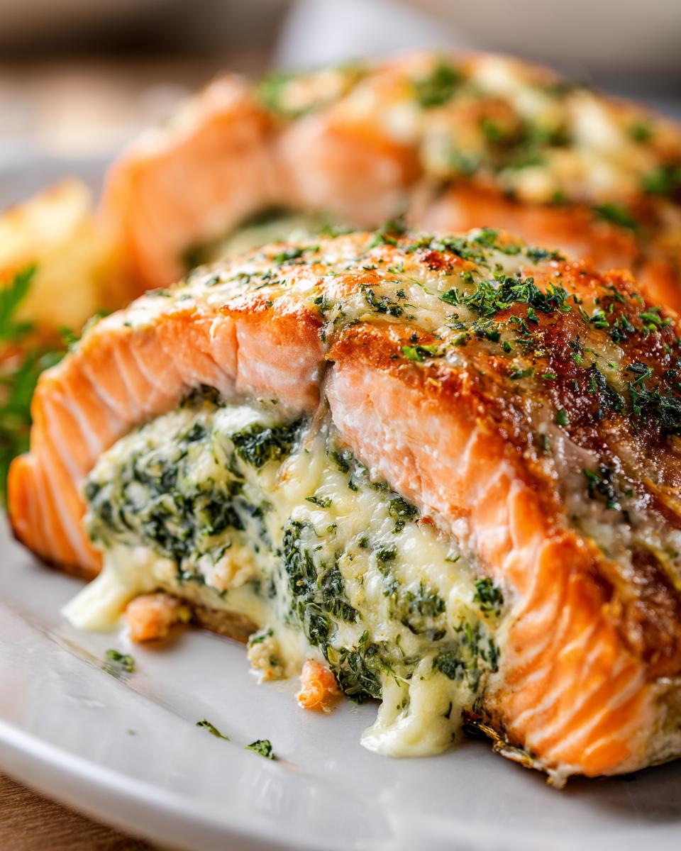A close-up shot of a perfectly cooked stuffed salmon fillet oozing creamy spinach and cheese filling.