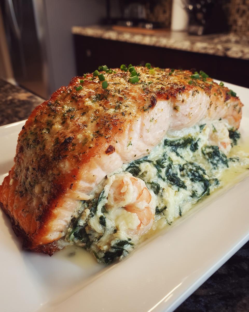 A beautifully cooked piece of stuffed salmon, overflowing with creamy spinach and shrimp filling.