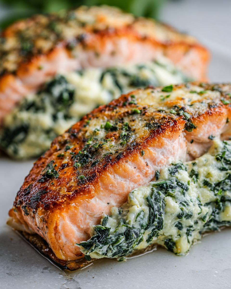 Close-up of a perfectly cooked stuffed salmon fillet oozing creamy spinach filling.