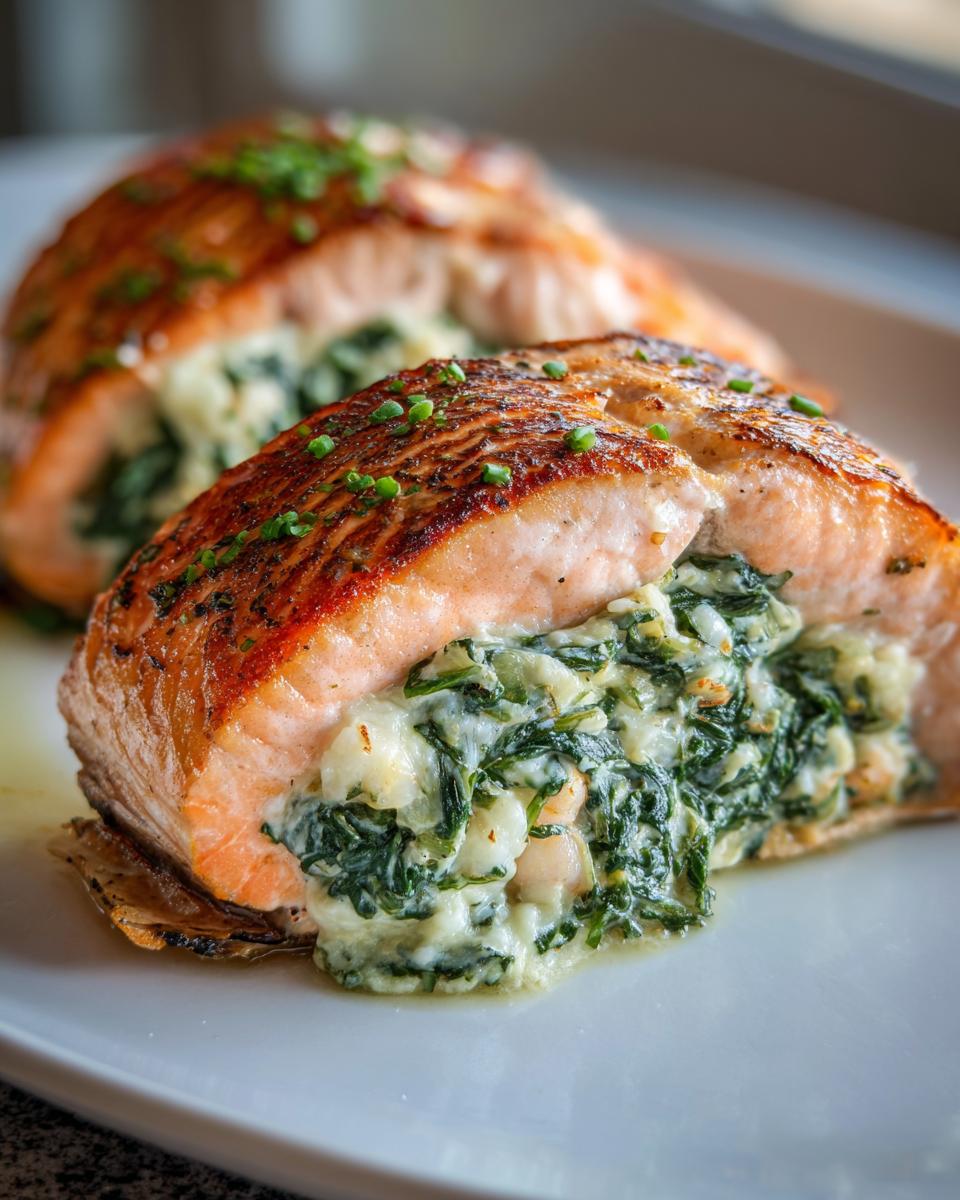 Close-up of a perfectly cooked stuffed salmon fillet revealing a creamy spinach and cheese filling inside.