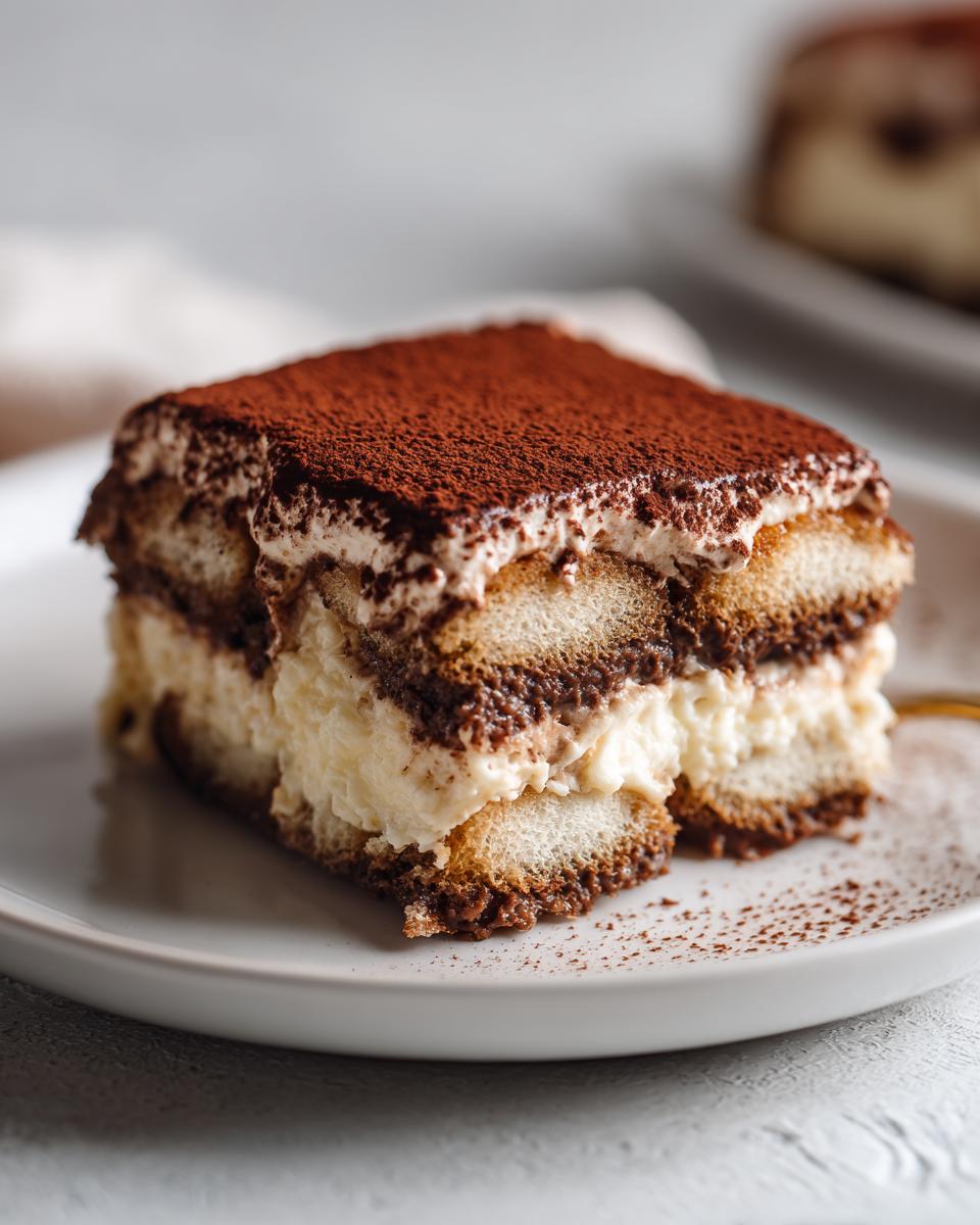 Close-up of a rich slice of tiramisu recipe showing layers of coffee-soaked ladyfingers and creamy mascarpone, dusted with cocoa.