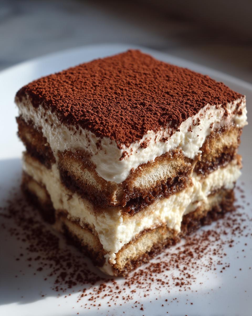A perfect square slice of layered tiramisu recipe dusted heavily with cocoa powder on a white plate.