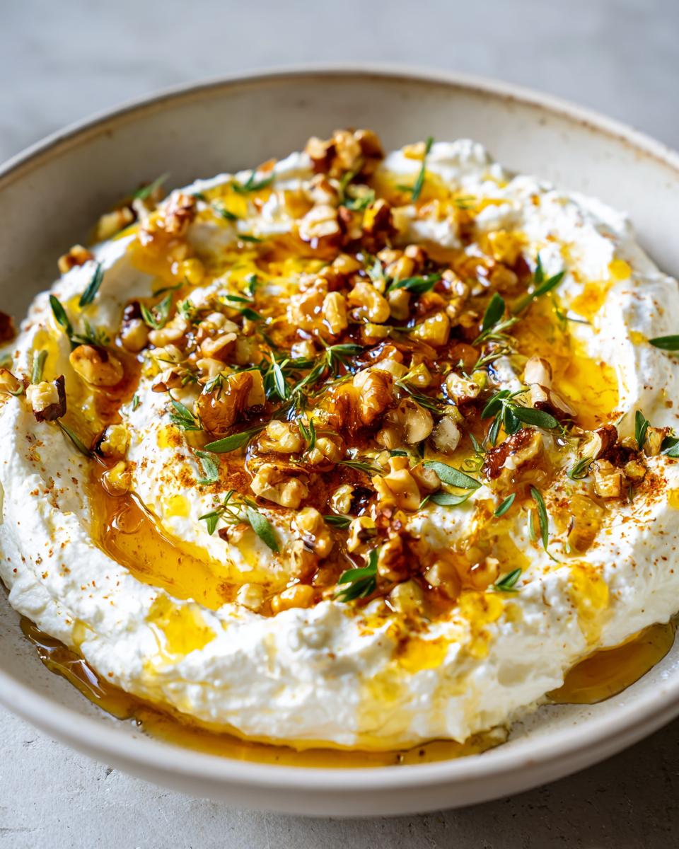 A bowl of creamy whipped ricotta dip drizzled with golden honey and topped with chopped walnuts and fresh herbs.