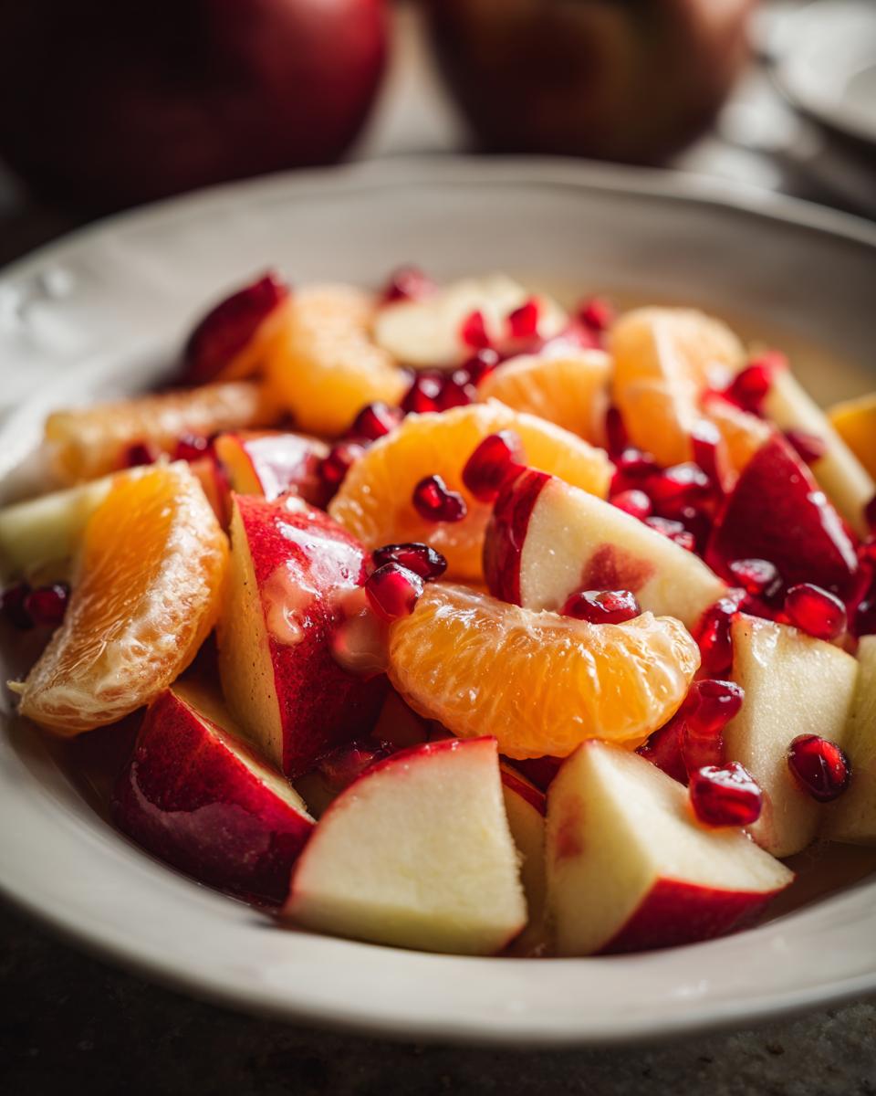 Close-up of a bowl filled with amazing winter fruit salad featuring apple chunks, mandarin segments, and pomegranate seeds.