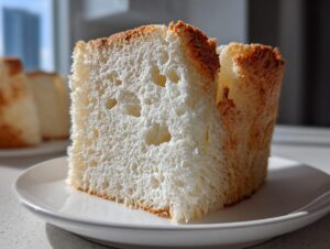 Close-up of a fluffy, white slice of angel food cake showing its airy texture and golden crust on a white plate.