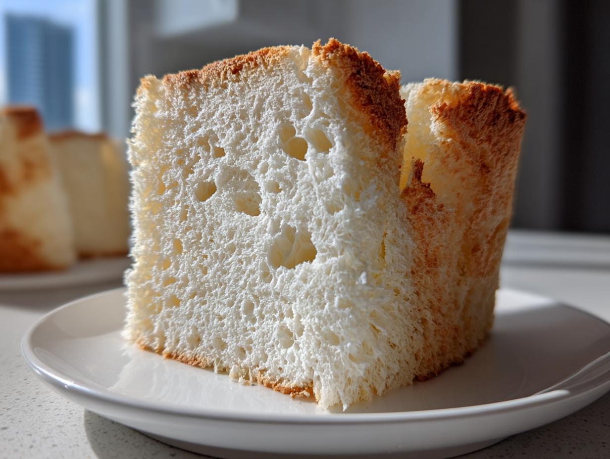 Close-up of a fluffy, white slice of angel food cake showing its airy texture and golden crust on a white plate.