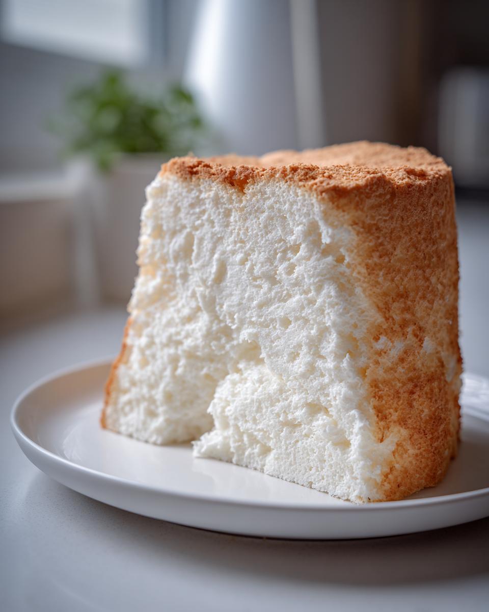 A thick, tall slice of white angel food cake with a golden-brown crust, served on a white plate.