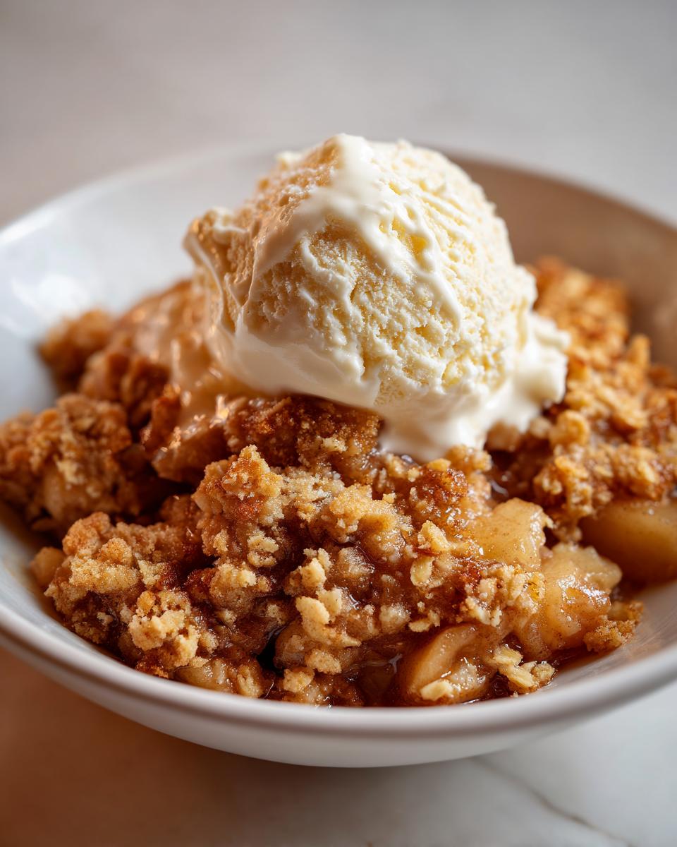 Close-up of a warm serving of apple crisp recipe topped with a melting scoop of vanilla ice cream in a white bowl.