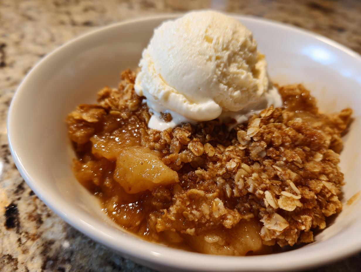 A warm serving of apple crisp recipe topped with a melting scoop of vanilla ice cream in a white bowl.