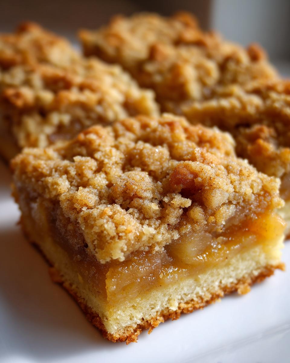 A close-up of a square portion of apple pie bars showing a thick, gooey apple filling and a crunchy, cinnamon-sugar crumble topping.