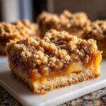 A close-up shot of a thick, gooey apple pie bars square with a generous crumble topping.