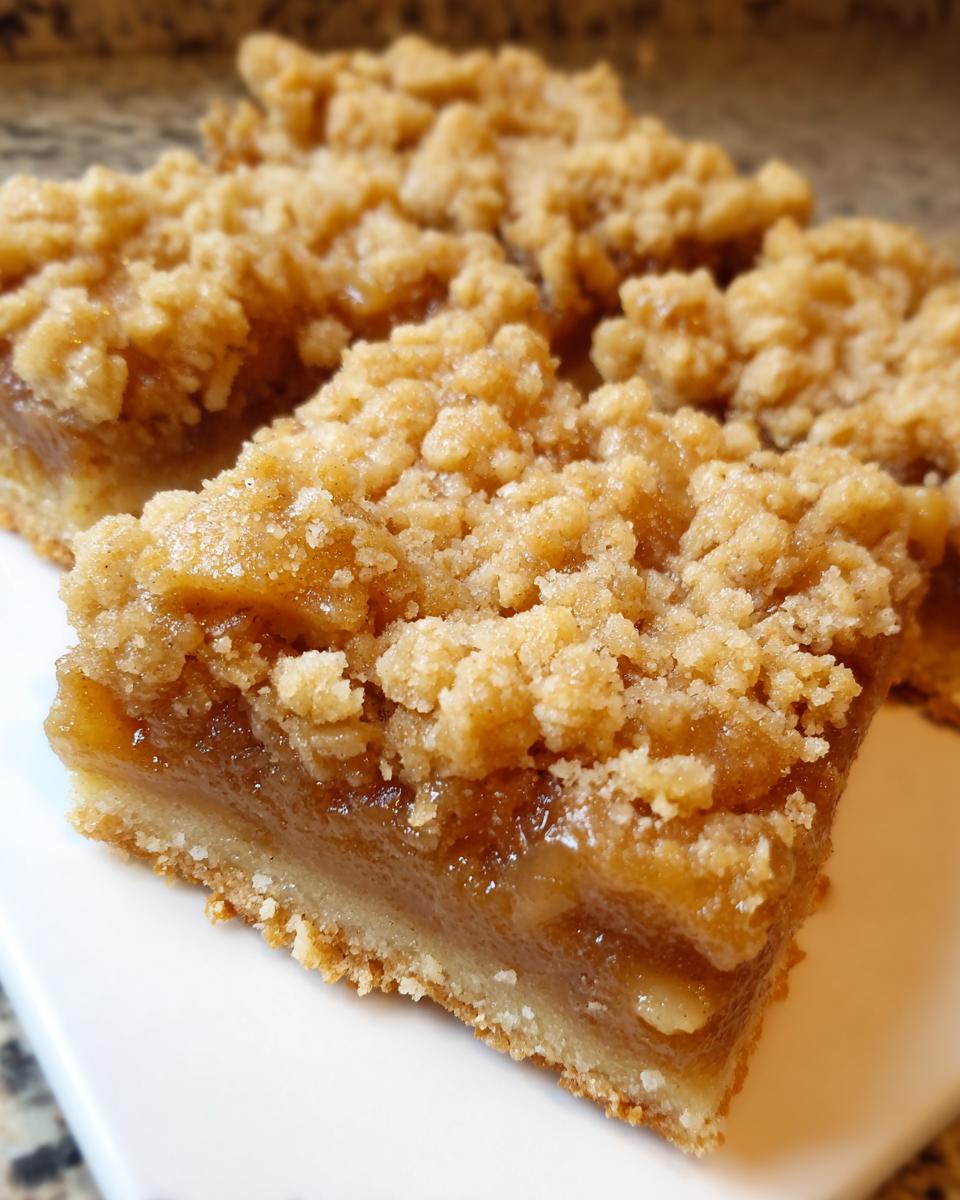 Close-up view of a freshly cut slice of apple pie bars showing the thick apple filling and crumb topping.