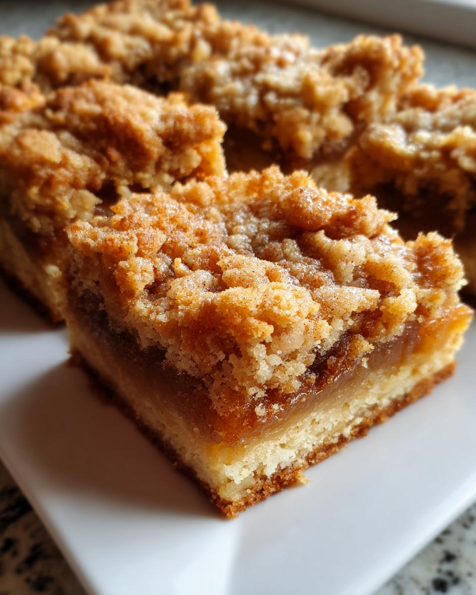 A close-up of a square serving of apple pie bars showing a thick, gooey apple layer and a crunchy, cinnamon-spiced crumble topping.
