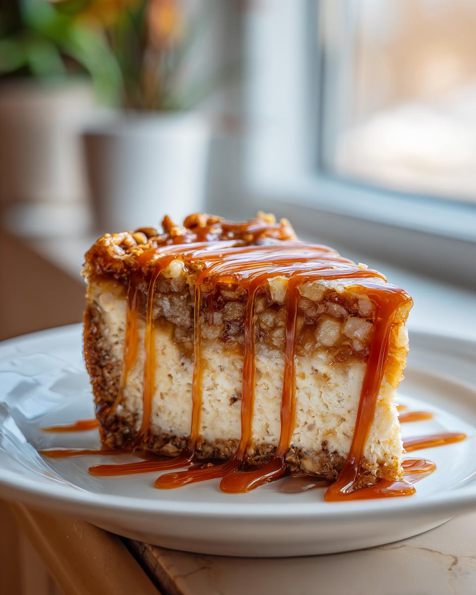 A decadent slice of apple pie cheesecake topped with nuts and generously drizzled with thick caramel sauce.