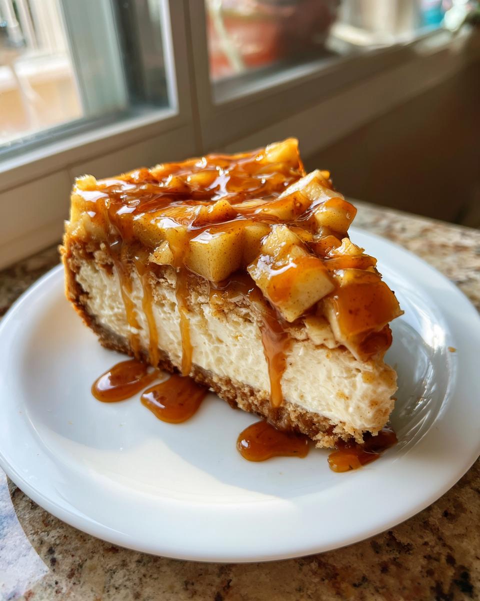 A decadent slice of apple pie cheesecake topped with spiced apple chunks and dripping caramel sauce.