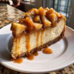 A decadent slice of apple pie cheesecake topped with spiced apples and dripping caramel sauce.