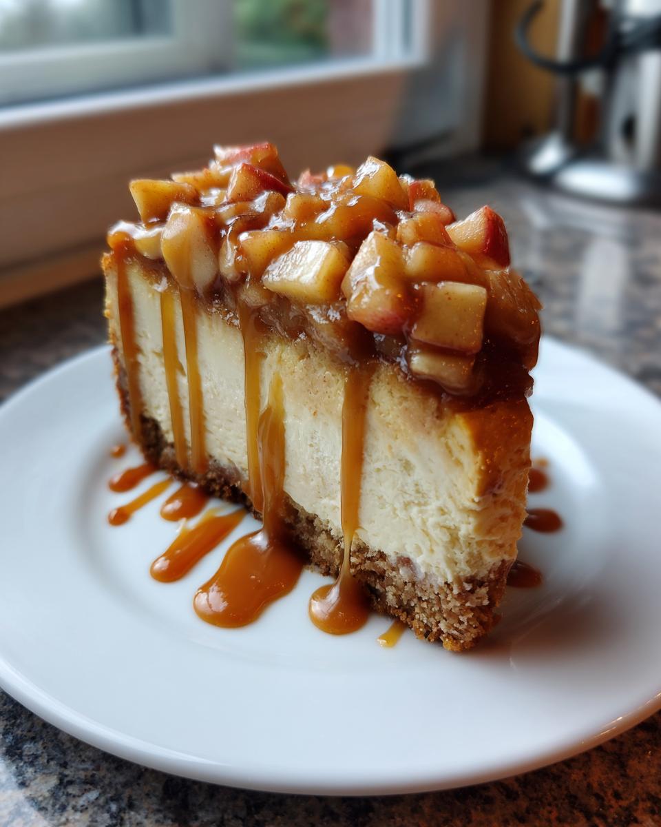 A decadent slice of apple pie cheesecake topped with spiced apples and drizzled generously with caramel sauce.