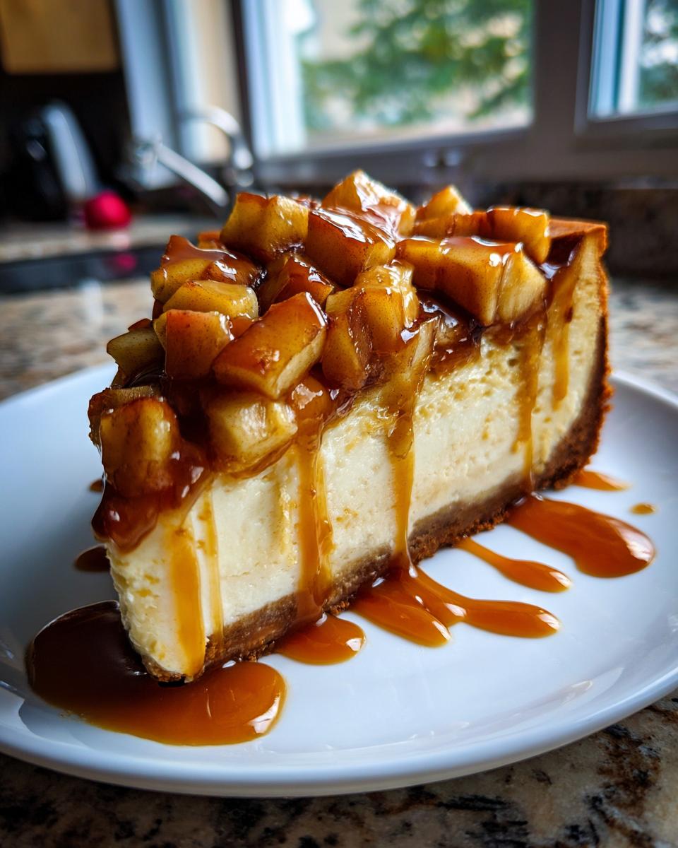 A decadent slice of apple pie cheesecake topped with spiced apple chunks and dripping caramel sauce.
