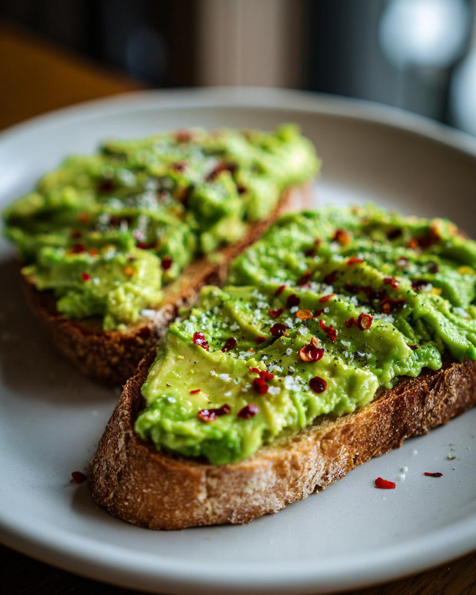 Two slices of avocado toast topped with mashed avocado, sea salt, and red pepper flakes.